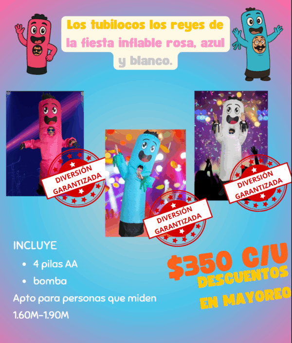 Los Tubilocos ¡Los reyes de la fiesta inflable! Diversión en 3 colores: rosa, azul y blanco.